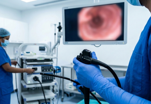 Medical Professional holding Endoscope device with Monitor